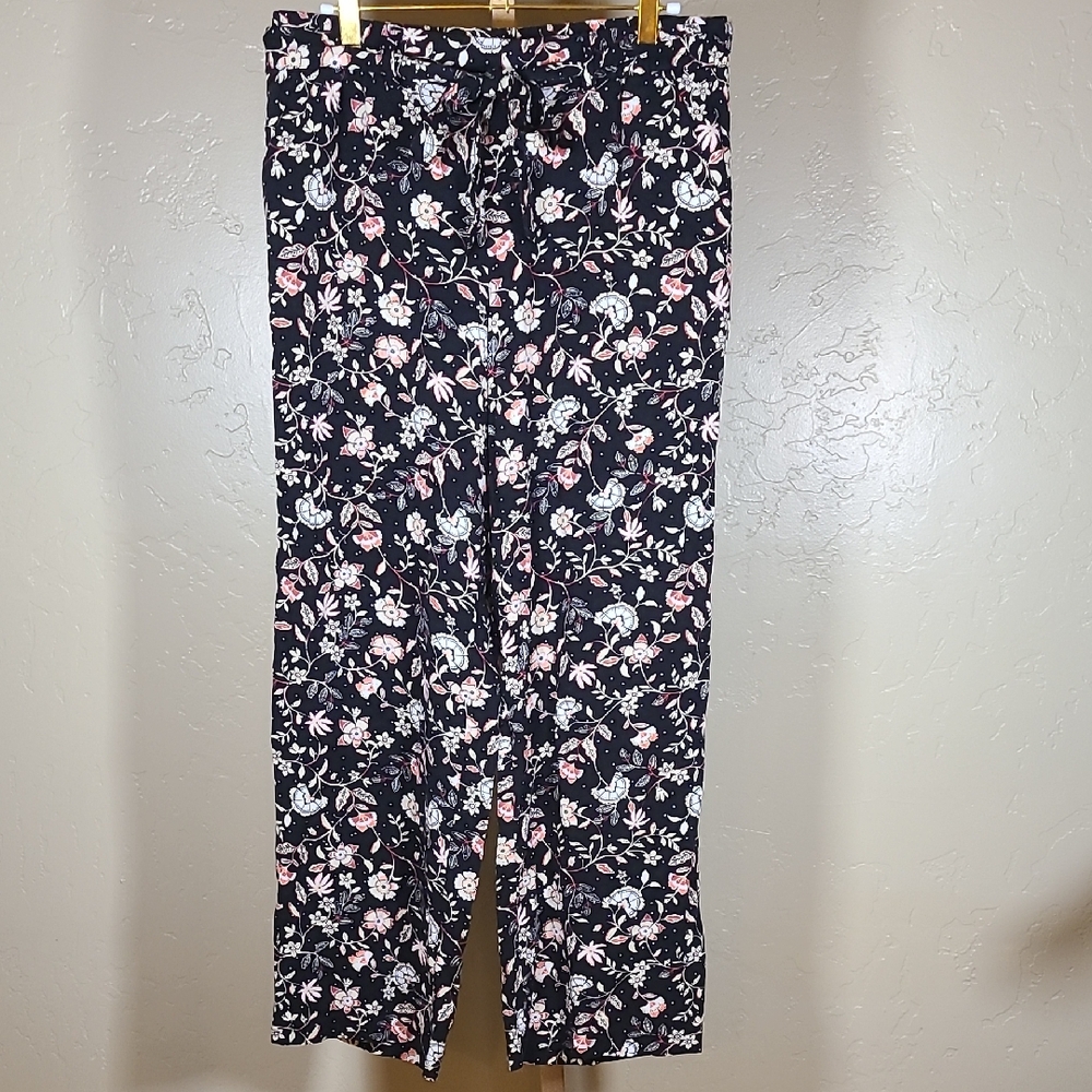 Old Navy Black Floral Wide Leg Palazzo Pants Medium Tie Waist